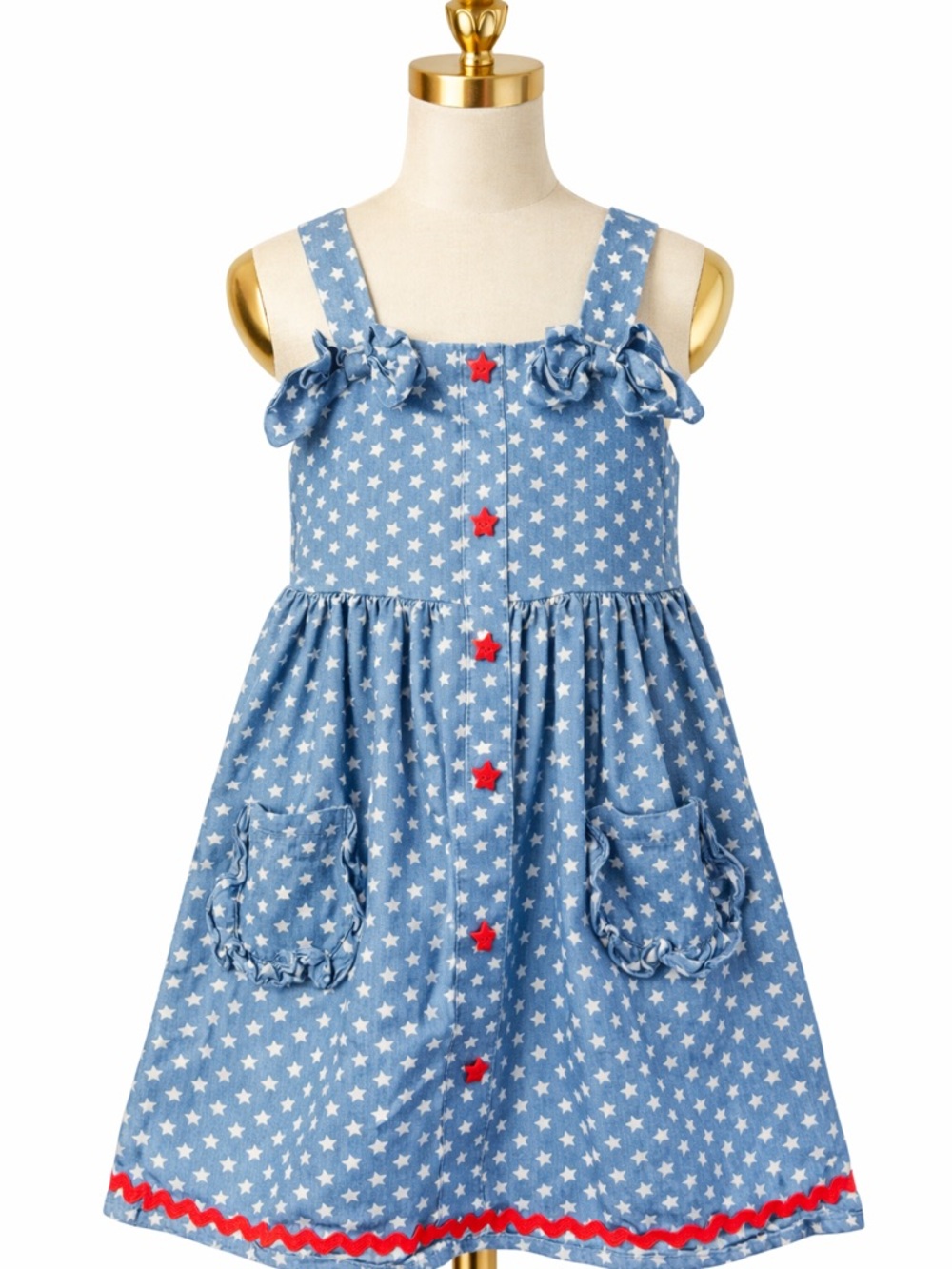 Girls Star Print Dress | Blue Patriotic Sundress Red Trim Ruffle Pockets Toddler